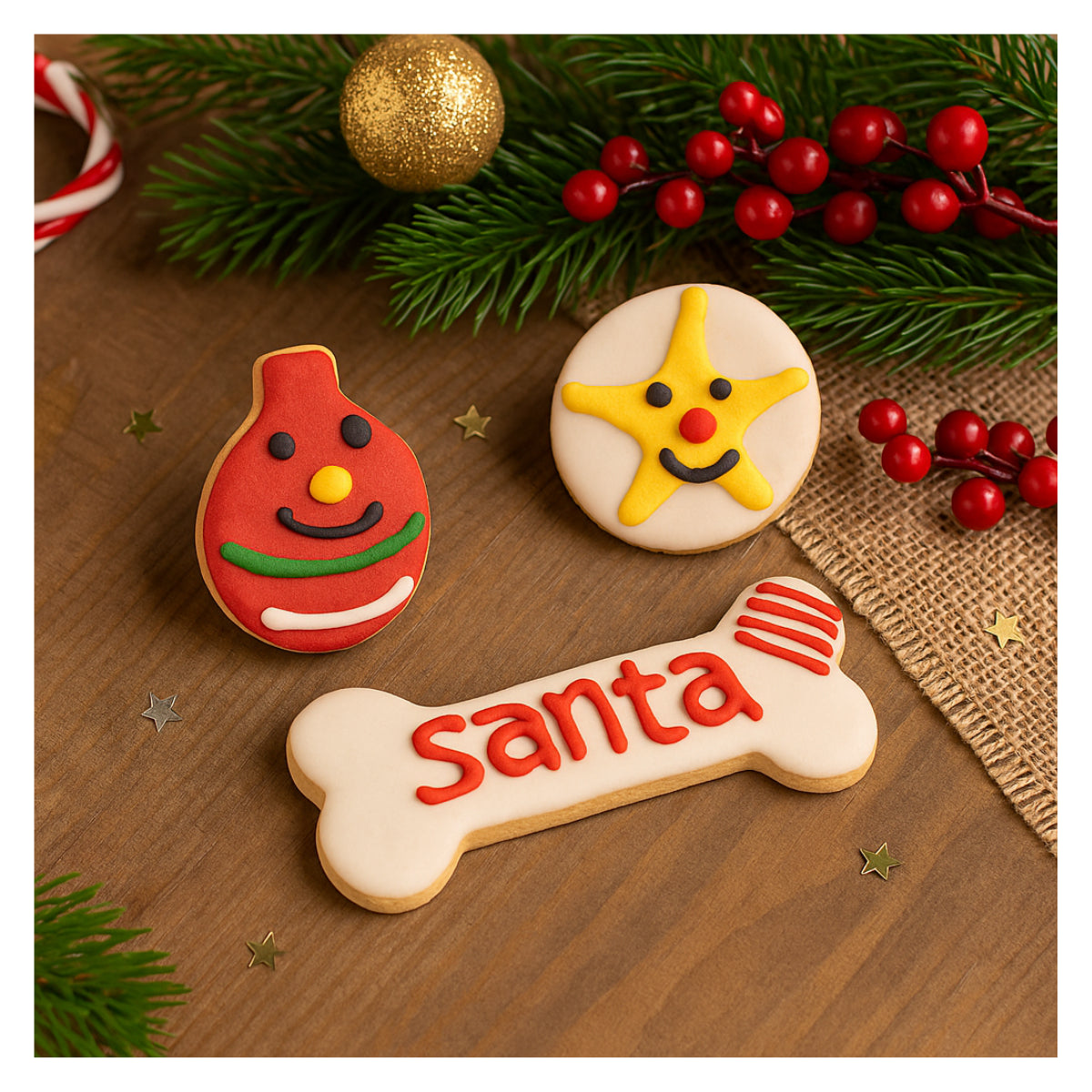 Christmas Dog Treats Set of Pet Cookies Flavoured Crunchy Biscuits Star Bauble