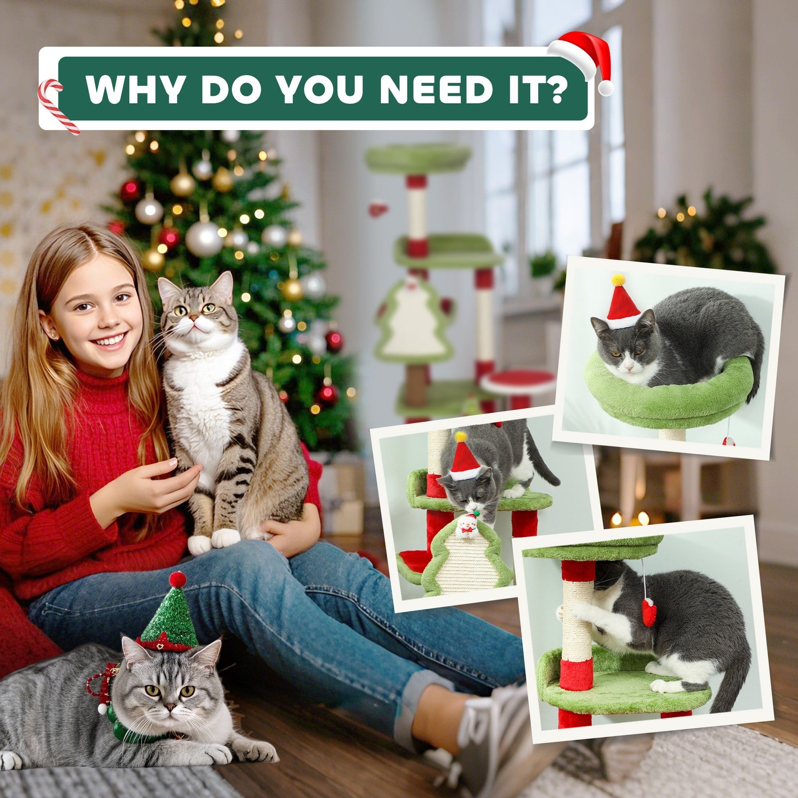 120Cm Cat Tree, Christmas Cat Tower with 3 Sisal Scratching Posts, Green