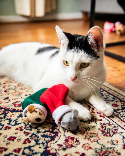 Martha & Mayor Mice Cat Toys – Set of 2 Festive Catnip Mice in Knitted Stockings – Soft Lightweight Toys for Batting, Pouncing & Chasing – Christmas Cat Toys for Cats & Kittens