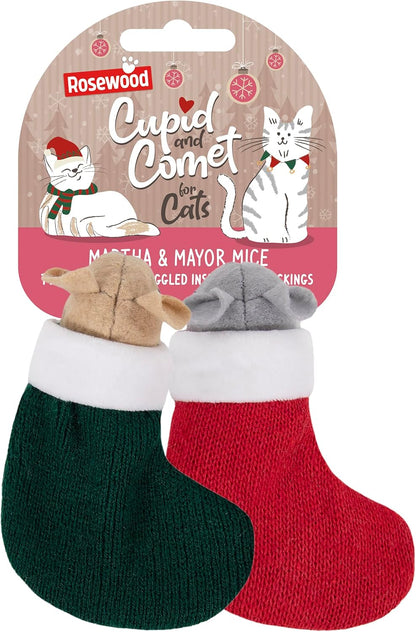 Martha & Mayor Mice Cat Toys – Set of 2 Festive Catnip Mice in Knitted Stockings – Soft Lightweight Toys for Batting, Pouncing & Chasing – Christmas Cat Toys for Cats & Kittens