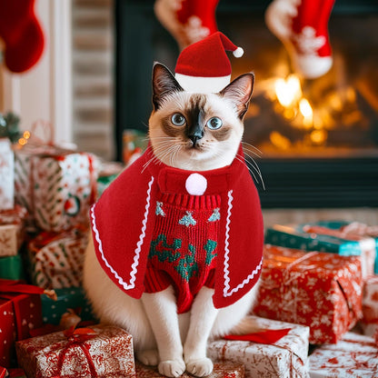 Cat Christmas Outfit, Christmas Pet Costumes Clothes, Dog Christmas Outfit, Pet Santa Hat Scarf Cloak for Puppy Dog Cat A6-SDMPF