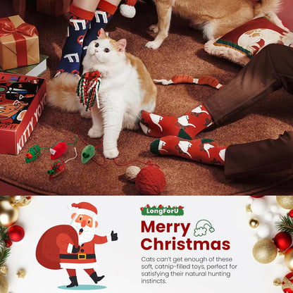 Christmas Cat Toys, 4Pcs Catnip Mouse Toys and 10Pcs Silvervine Chew Sticks Interactive Toys for Indoor Cats Adult and Kitten