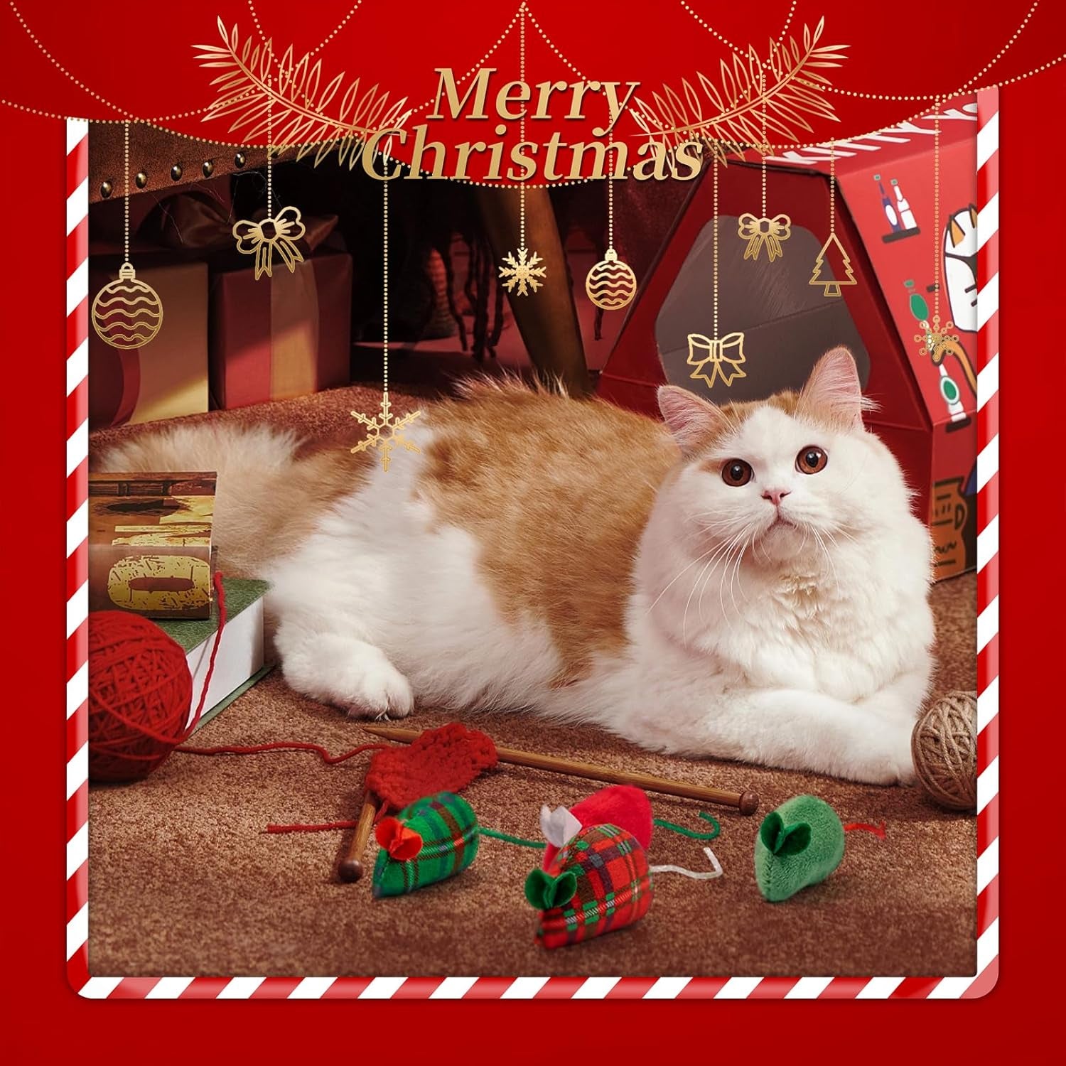 Christmas Cat Toys, 4Pcs Catnip Mouse Toys and 10Pcs Silvervine Chew Sticks Interactive Toys for Indoor Cats Adult and Kitten