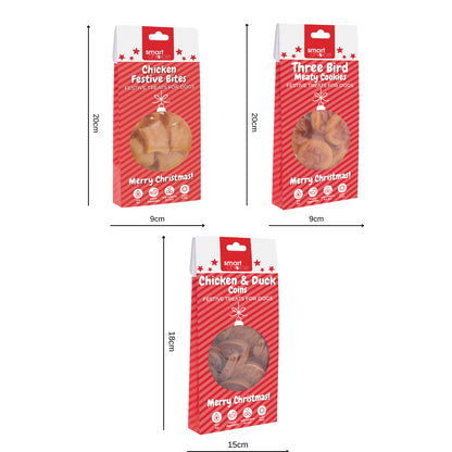 Christmas Dog Treats Pack of 3 Meaty Chicken Duck Festive Puppy Reward Chews