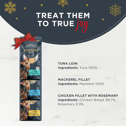100% Natural Cat Treat Loins – Festive Variety, Grain Free (Tuna, Mackerel & Chicken with Rosemary) Pack of 3 × 30 G