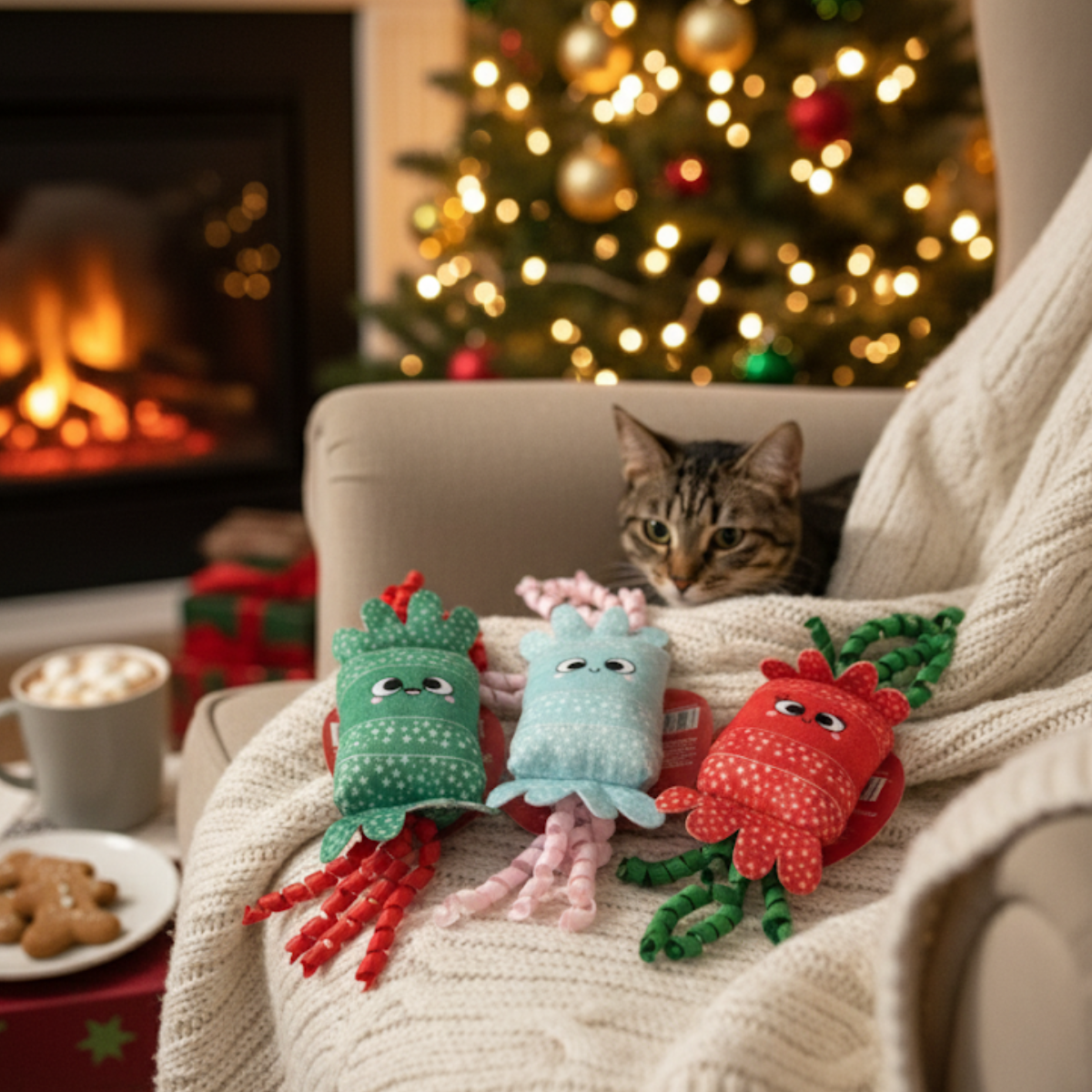 Christmas Cat Toy Set of 3 Plush Crinkle Effect Contains Catnip Interactive