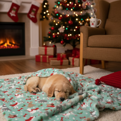 Christmas Pet Blanket Fleece Green Red Dog Puppy Cat Soft Festive Print 90X70Cm